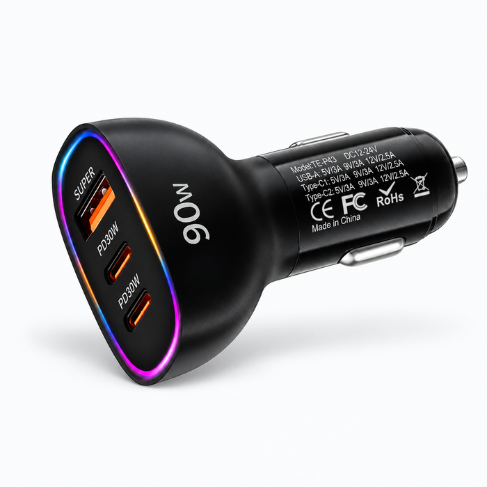 USB-C lader voor de auto – 3 poorten en RGB